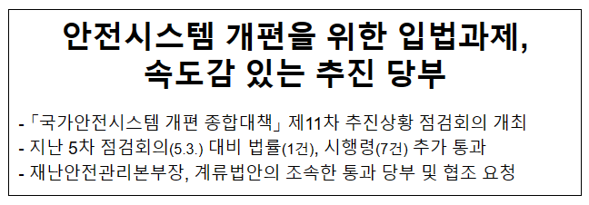 안전시스템 개편을 위한 입법과제, 속도감 있는 추진 당부