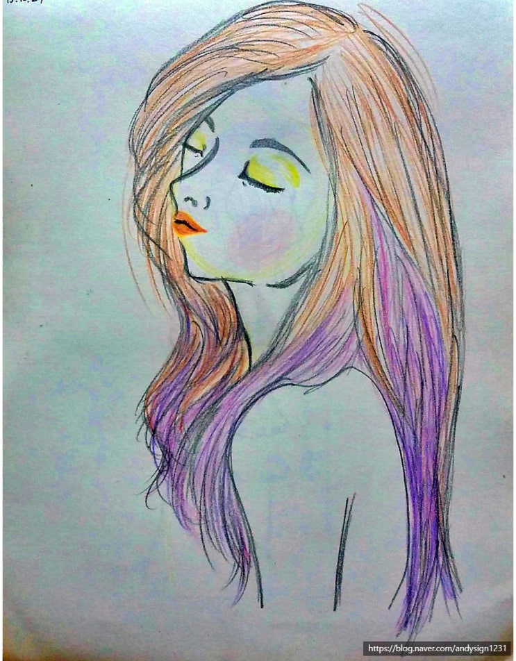 눈을 감은 여성과 내년 봄을 기다리는 소녀의 얼굴 모습을 연필과 색연필로 그린 인물화 그림 그리기