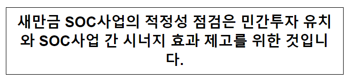 새만금 SOC사업의 적정성 점검은 민간투자 유치와 SOC사업 간 시너지 효과 제고를 위한 것입니다.