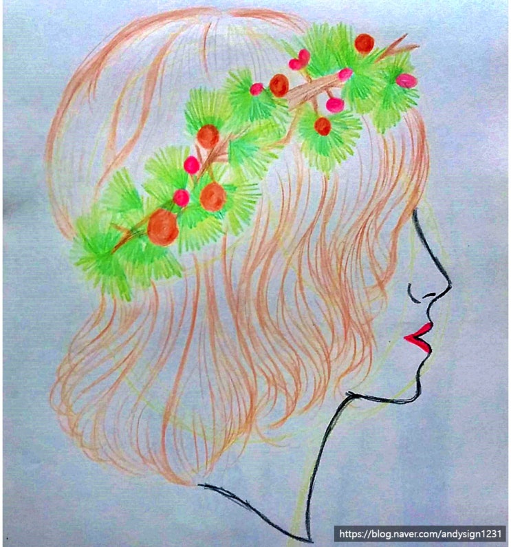 나른한 표정의 여성과 화관을 머리에 쓴 얼굴을 펜과 색연필로 그린 인물화 그림 그리기