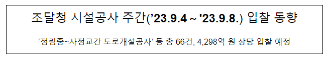 시설공사 주간(’23.9.4~’23.9.8.) 입찰 동향 시설공사 주간(’23.9.4~’23.9.8.) 입찰 동향