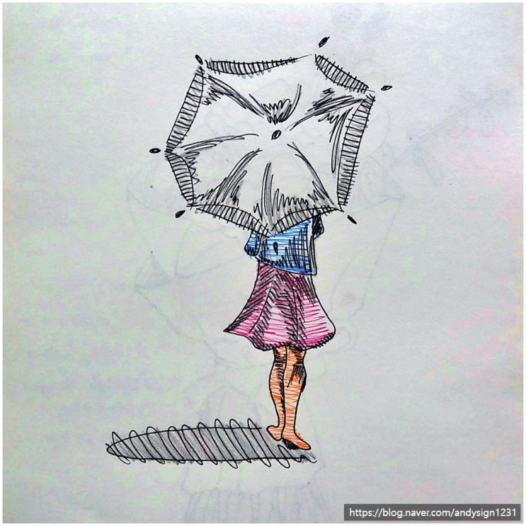 스마일 가면을 쓴 여성과 우산을 쓴 소녀의 모습을 펜과 색연필로 그린 인물화 그림 그리기
