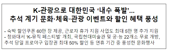 K-관광으로 대한민국 ‘내수 폭발’...추석 계기 문화·체육·관광 이벤트와 할인 혜택 풍성