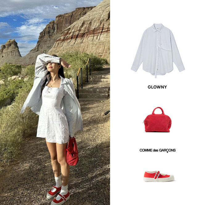 제니 인스타 옷 리포메이션 원피스 꼼데가르송 빨간 가방 메리제인 슈즈 패션 의상 아이템 가격 정보