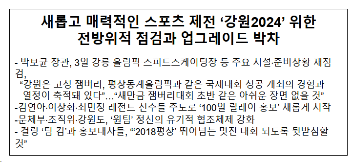 새롭고 매력적인 스포츠 제전 ‘강원2024’ 위한 전방위적 점검과 업그레이드 박차 새롭고 매력적인 스포츠 제전 ‘강원2024’ 위한 전방위적 점검과 업그레이드 박차