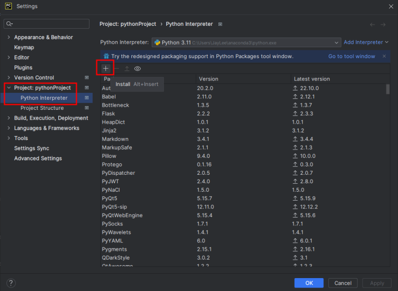 Python 개발 환경 설치 파이참 PyCharm community 버전 패키지 설치 install package 프로젝트 시작 ...