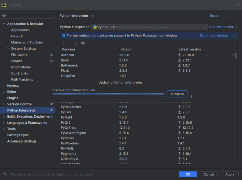 Python 개발 환경 설치 파이참 PyCharm community 버전 패키지 설치 install package 프로젝트 시작 ...