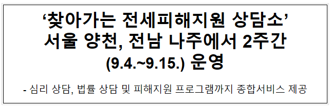 ‘찾아가는 전세피해지원 상담소’ 서울 양천, 전남 나주에서 2주간(9.4.~9.15.) 운영 ‘찾아가는 전세피해지원 상담소’ 서울 양천, 전남 나주에서 2주간(9.4.~9.15.) 운영