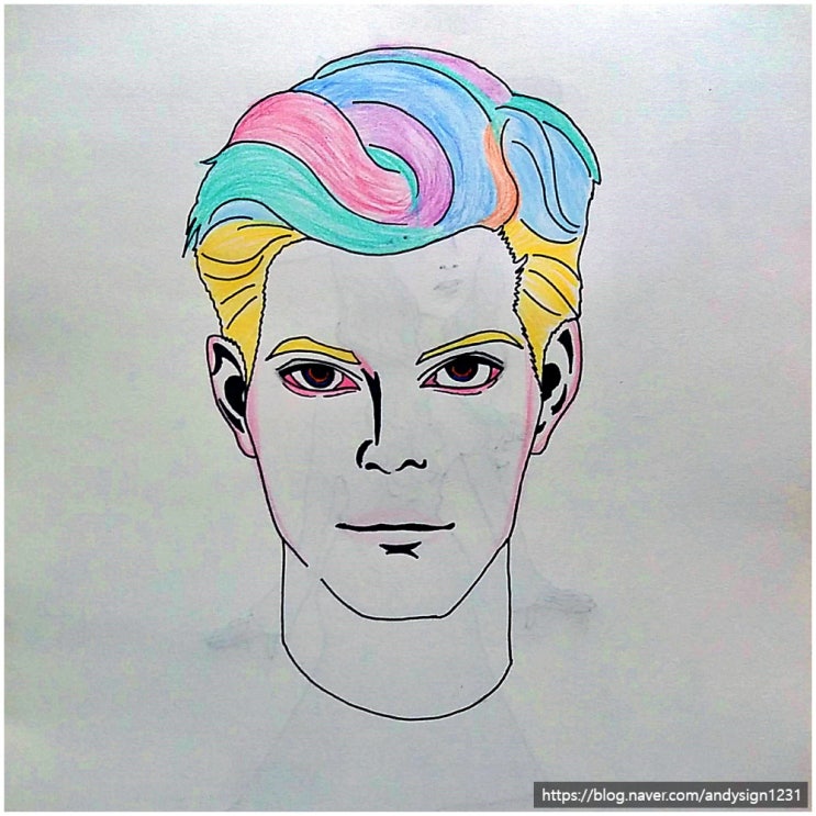 남성와 여성의 얼굴 모습을 연필과 펜, 색연필로 그린 인물화 그림 그리기