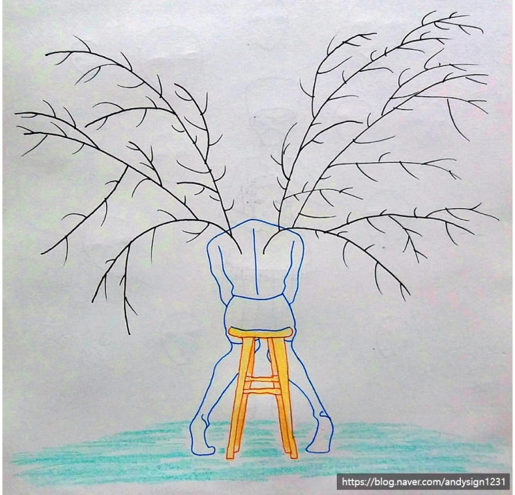 우울함을 소재로 한 두 명의 인물들의 모습을 펜과 색연필로 그린 인물화 그림 그리기