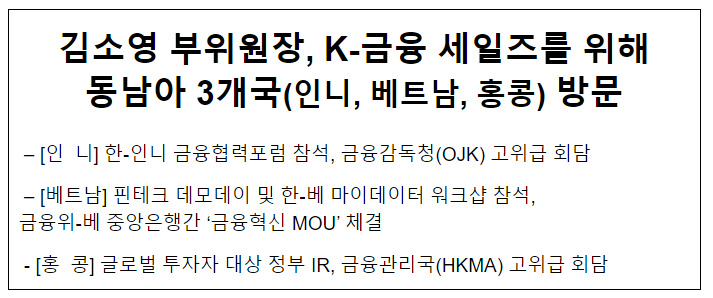 김소영 부위원장, K-금융 세일즈를 위해 동남아 3개국(인니,베트남,홍콩) 방문 김소영 부위원장, K-금융 세일즈를 위해 동남아 3개국(인니,베트남,홍콩) 방문