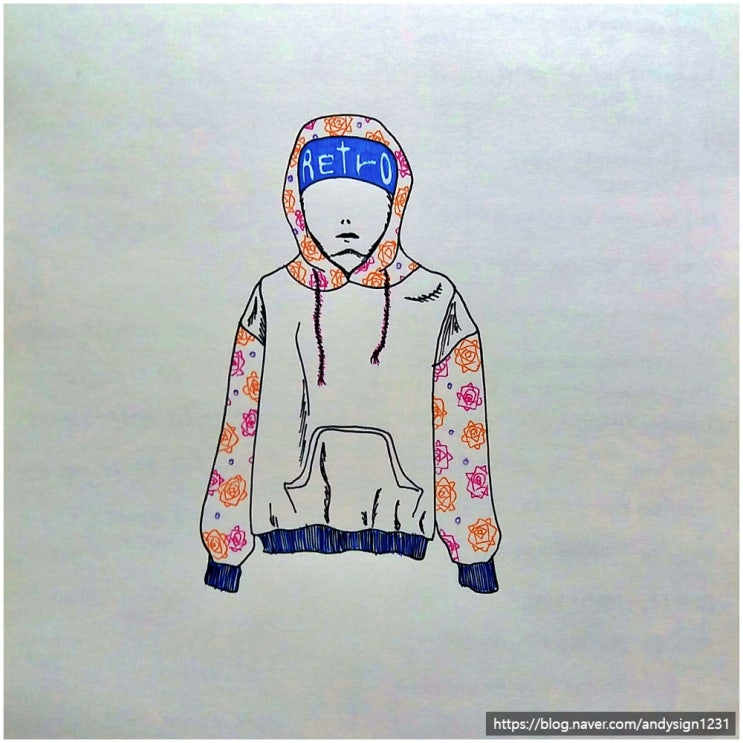 남성 패션 모델의 전신과 후드와 모자를 쓴 청년을 펜과 색연필로 그린 인물화 그림 그리기