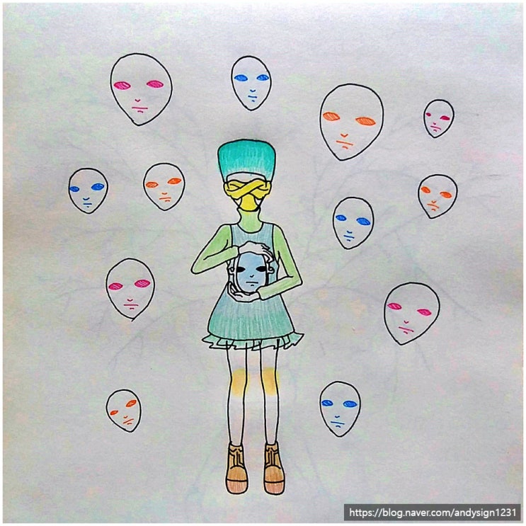 거울을 들고 있는 소녀와 조종 당하는 소녀를 펜과 색연필로 그린 인물화 그림 그리기