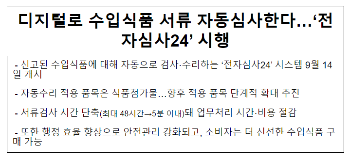 디지털로 수입식품 서류 자동심사한다…‘전자심사24’ 시행 디지털로 수입식품 서류 자동심사한다…‘전자심사24’ 시행