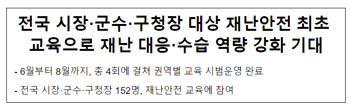 전국 시장·군수·구청장 대상 재난안전 최초 교육으로 재난 대응·수습 역량 강화 기대 전국 시장·군수·구청장 대상 재난안전 최초 교육으로 재난 대응·수습 역량 강화 기대