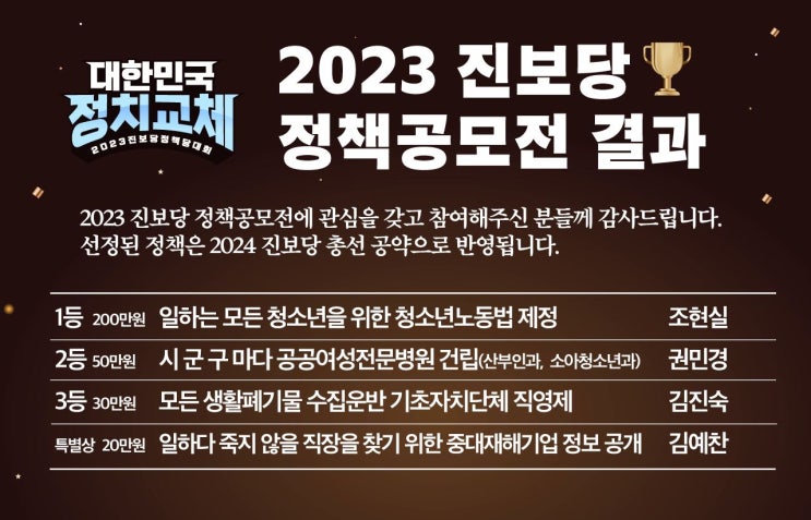  진보당, 대국민 정책공모전 수상작 선정 발표