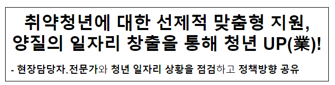 취약청년에 대한 선제적 맞춤형 지원,양질의 일자리 창출을 통해 청년 UP(業)! 취약청년에 대한 선제적 맞춤형 지원,양질의 일자리 창출을 통해 청년 UP(業)!