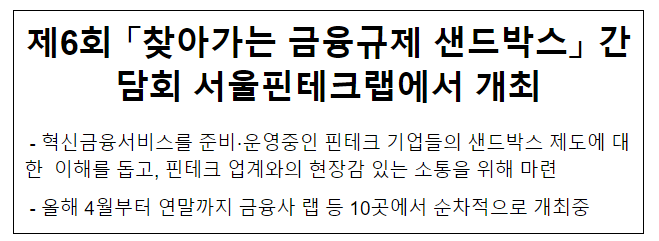 제6회 「찾아가는 금융규제 샌드박스」 간담회 서울핀테크랩에서 개최 제6회 「찾아가는 금융규제 샌드박스」 간담회 서울핀테크랩에서 개최
