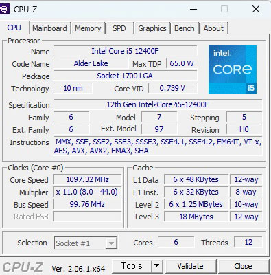 인텔 코어i5-12세대 i5-12400F 엘더레이크 18M 캐시, 최대 4.40GHz cpuz 벤치