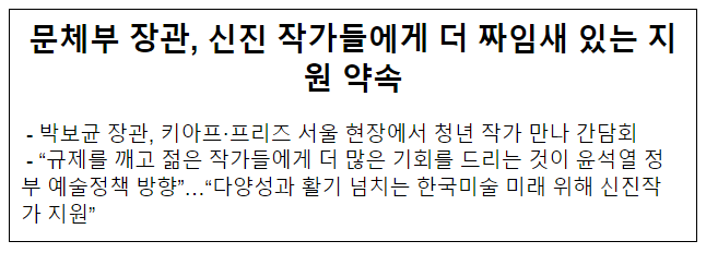 문체부 장관, 신진 작가들에게 더 짜임새 있는 지원 약속 문체부 장관, 신진 작가들에게 더 짜임새 있는 지원 약속
