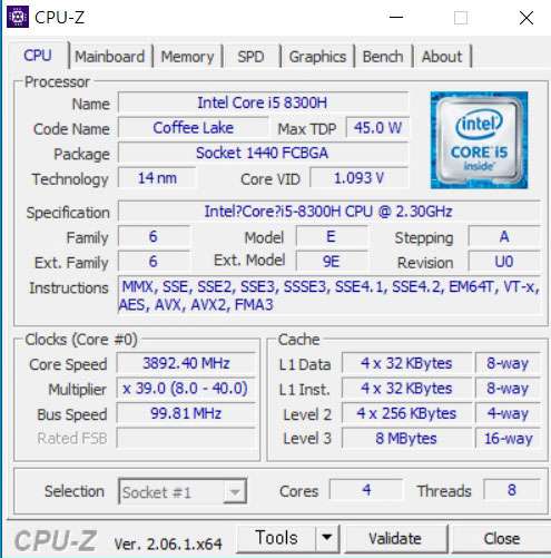 인텔 코어 i5-8300H 8세대 커피레이크 cpu-z 벤치