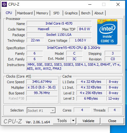  인텔 코어i5-4세대 i5-4570 하스웰 cpu-z 벤치