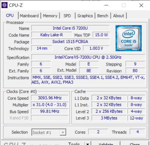  7세대 인텔 코어  i5-7200U 카비레이크 cpuz