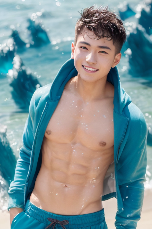  [Ai Greem] 그림_남자 475: Commercially usable Free image of a handsome brown-haired boy with a sea