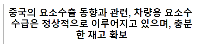 중국의 요소수출 동향과 관련, 차량용 요소수 수급은 정상적으로 이루어지고 있으며, 충분한 재고 확보 중국의 요소수출 동향과 관련, 차량용 요소수 수급은 정상적으로 이루어지고 있으며, 충분한 재고 확보