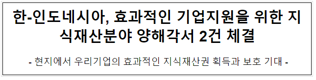 한-인도네시아, 효과적인 기업지원을 위한 지식재산분야 양해각서 2건 체결 한-인도네시아, 효과적인 기업지원을 위한 지식재산분야 양해각서 2건 체결