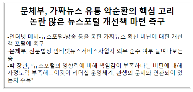 문체부, 가짜뉴스 유통 악순환의 핵심 고리 논란 많은 뉴스포털 개선책 마련 촉구