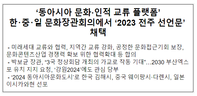 ‘동아시아 문화·인적 교류 플랫폼’ 한·중·일 문화장관회의에서 ‘2023 전주 선언문’ 채택