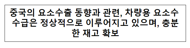 중국의 요소수출 동향과 관련, 차량용 요소수 수급은 정상적으로 이루어지고 있으며, 충분한 재고 확보 중국의 요소수출 동향과 관련, 차량용 요소수 수급은 정상적으로 이루어지고 있으며, 충분한 재고 확보