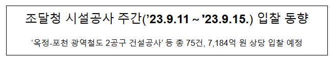 시설공사 주간(’23.9.11～'23.9.15.) 입찰 동향