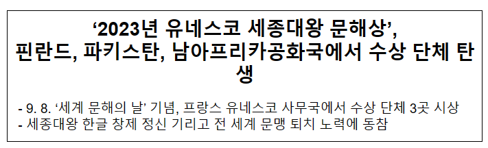 ‘2023년 유네스코 세종대왕 문해상’, 핀란드, 파키스탄, 남아프리카공화국에서 수상 단체 탄생 ‘2023년 유네스코 세종대왕 문해상’, 핀란드, 파키스탄, 남아프리카공화국에서 수상 단체 탄생