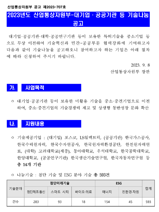 2023년 산업통상자원부-대기업ㆍ공공기관 등 기술나눔 공고