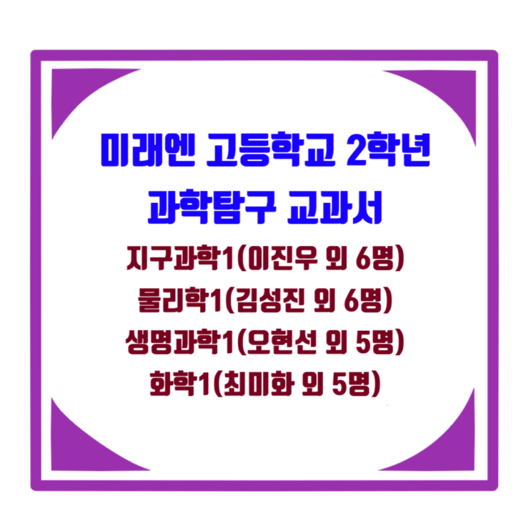 미래엔교과서 과학탐구1 - 지구과학1(이진우 외 6명), 물리학(김성진 외 6명), 생명과학1(오현선 외 5명), 화학1(최미환 외 5명) 차례 미래엔교과서 과학탐구1 - 지구과학1(이진우 외 6명), 물리학(김성진 외 6명), 생명과학1(오현선 외 5명), 화학1(최미환 외 5명) 차례