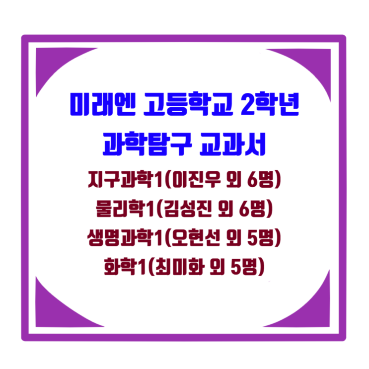 미래엔교과서 과학탐구1 - 지구과학1(이진우 외 6명), 물리학(김성진 외 6명), 생명과학1(오현선 외 5명), 화학1(최미환 외 5명) 차례