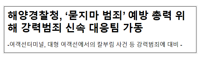 해양경찰청, ‘묻지마 범죄’ 예방 총력 위해 강력범죄 신속 대응팀 가동