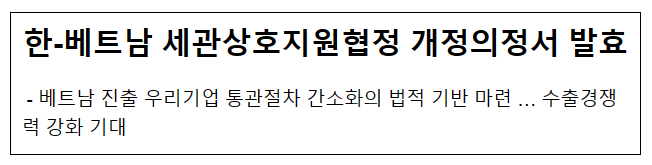 한-베트남 세관상호지원협정 개정의정서 발효