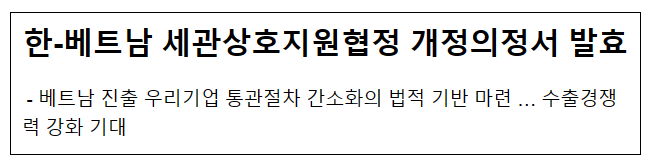 한-베트남 세관상호지원협정 개정의정서 발효 한-베트남 세관상호지원협정 개정의정서 발효
