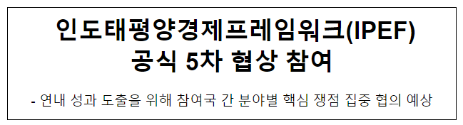 인도태평양경제프레임워크(IPEF) 공식 5차 협상 참여 인도태평양경제프레임워크(IPEF) 공식 5차 협상 참여