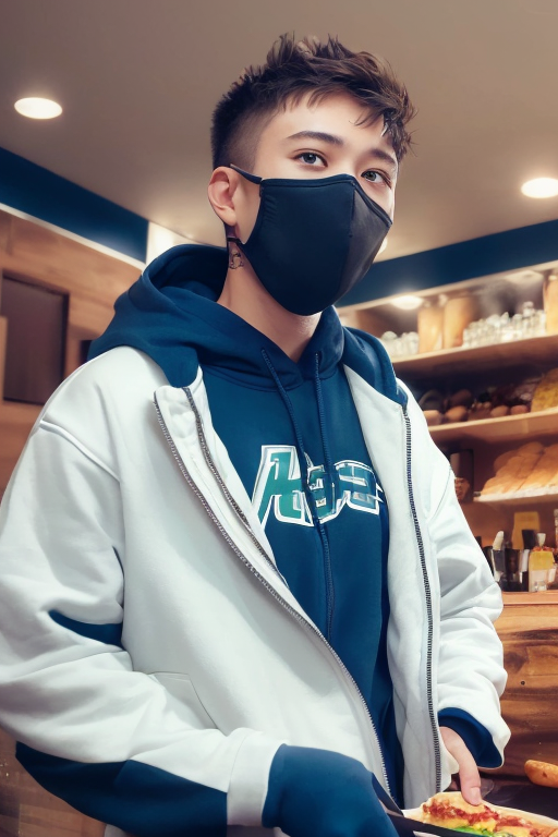  [Ai Greem] 그림_남자 494: 식당, 레스토랑, 음식점을 배경으로하는 갈색머리 남자, 훈남, 소년, 미소년 AI 무료 이미지 일러스트, 갈발 훈남 짤