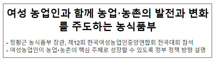 여성 농업인과 함께 농업·농촌의 발전과 변화를 주도하는 농식품부 여성 농업인과 함께 농업·농촌의 발전과 변화를 주도하는 농식품부