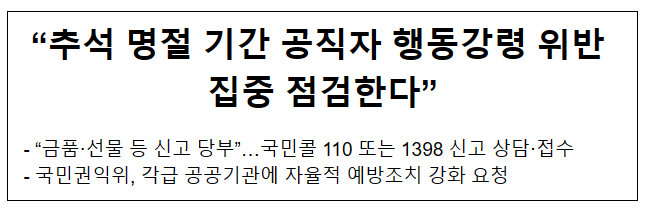“추석 명절 기간 공직자 행동강령 위반 집중 점검한다” “추석 명절 기간 공직자 행동강령 위반 집중 점검한다”