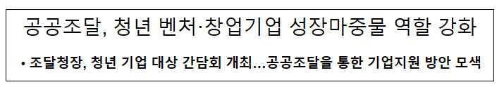 공공조달, 청년 벤처·창업기업 성장마중물 역할 강화 공공조달, 청년 벤처·창업기업 성장마중물 역할 강화