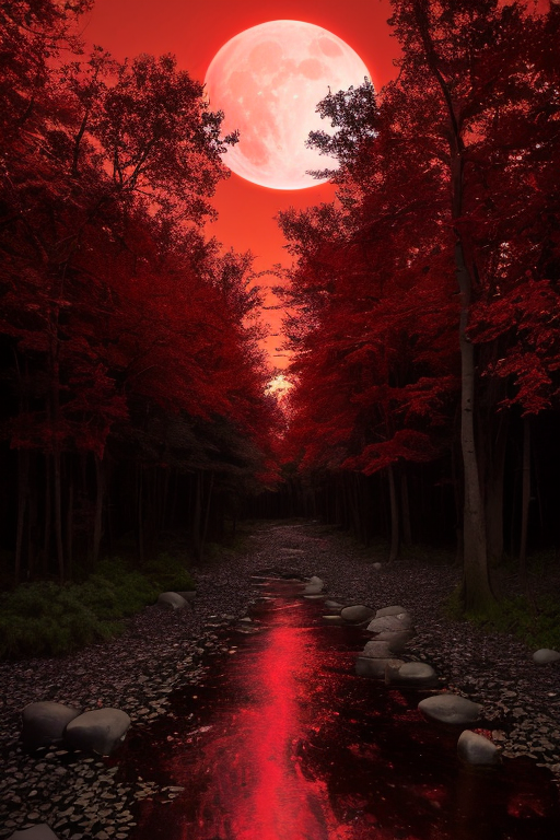[Ai Greem] 배경_달 022: 숲속을 배경으로 하는 붉은 달, 적월 Ai 무료 이미지 및 일러스트