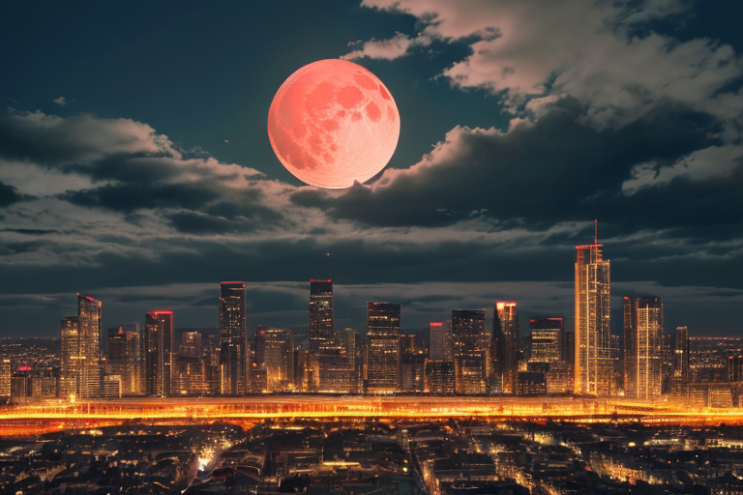 [Ai Greem] 배경_달 011: 월식, 붉은 달, 적월, 빨간 달, 도시, 야경, 상업적으로 사용 가능한 무료 이미지, 월식 일러스트, 월식 AI 이미지