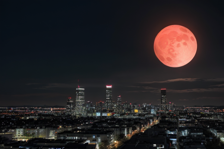 [Ai Greem] 배경_달 016: 월식, 붉은 달, 적월, 빨간 달, 도시, 야경, 상업적으로 사용 가능한 무료 이미지, 월식 일러스트, 월식 AI 이미지