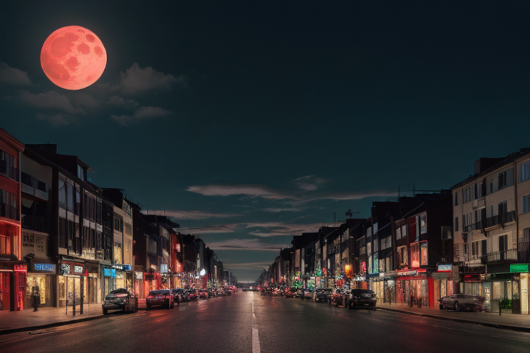 [Ai Greem] 배경_달 020: 도심 속 야경을 배경으로 하는 붉은 달, 적월 AI 무료 이미지 및 일러스트